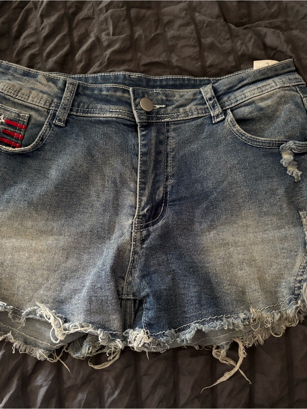 Denim Frayed Hem Women's Shorts - Blue with American Flag Detail